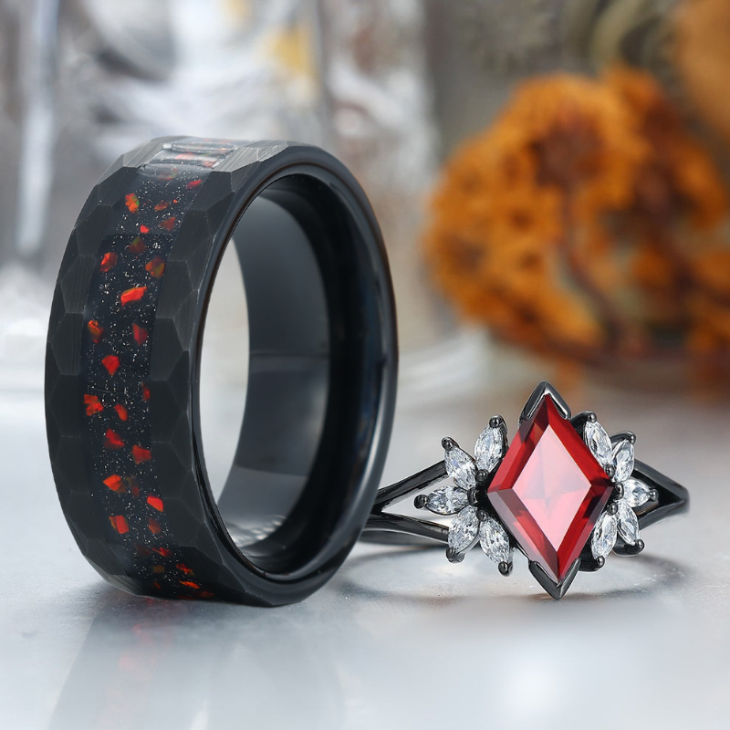 Noble Red Garnet Cluster Engagement Rings For Couples Unique His And Hers Wedding Bands