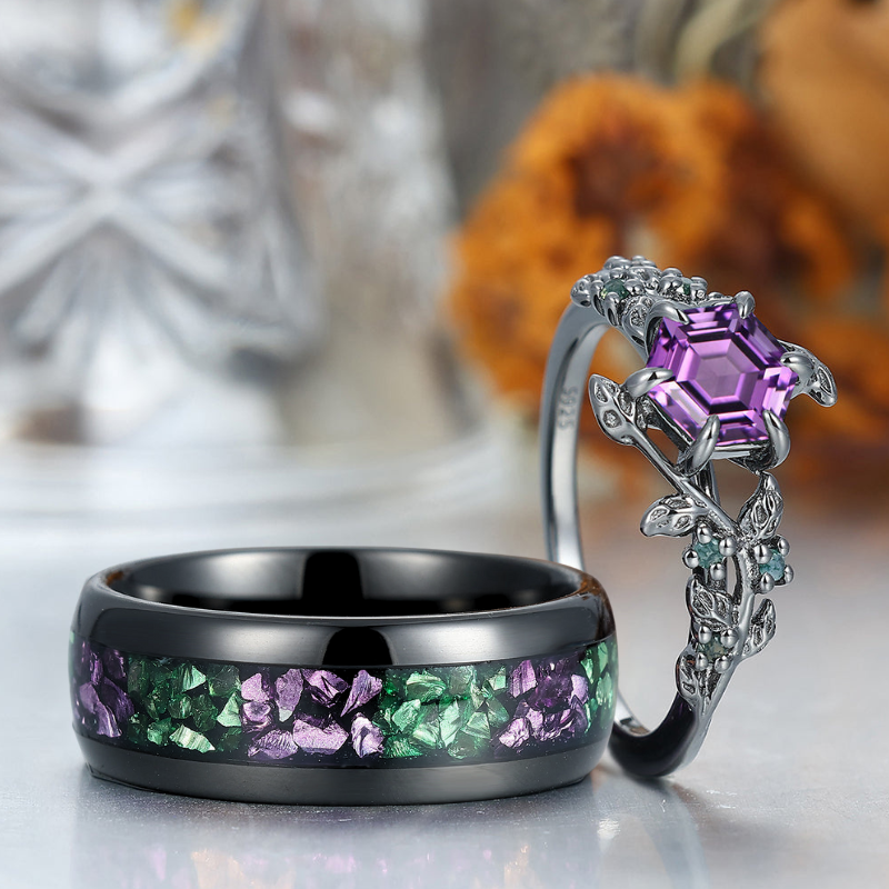 Stylish Natural Engagement Amethyst Twig Couple Rings Matching Tungsten Ring For Men And Women