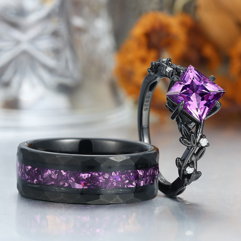 Exquisite Natural Amethyst Leaves Engagement Couple Rings S925 And Tungsten Wedding Bands
