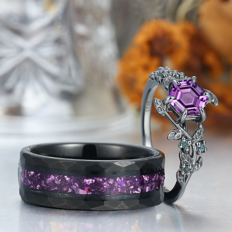 Personalized Natural Amethyst Leaves His And Hers Wedding Bands Matching Purple Tungsten Rings