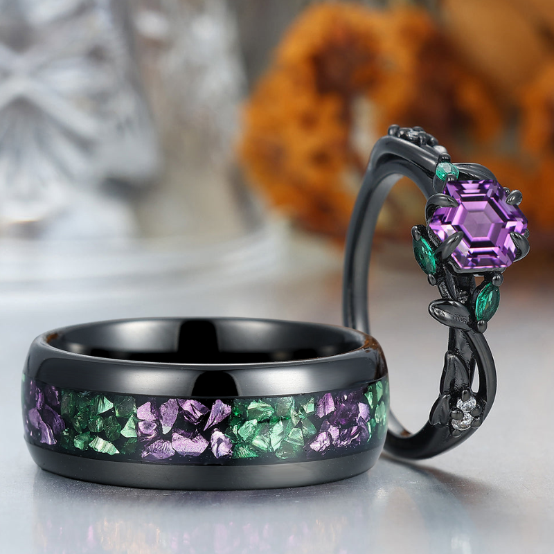 Gorgeous Natural Amethyst Leaf-inspired His And Hers Wedding Bands Purple And Green Couple Rings