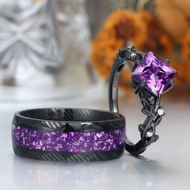 Princess Cut Natural Amethyst Leaf Engagement Couples Ring Set Anniversary Wedding Band