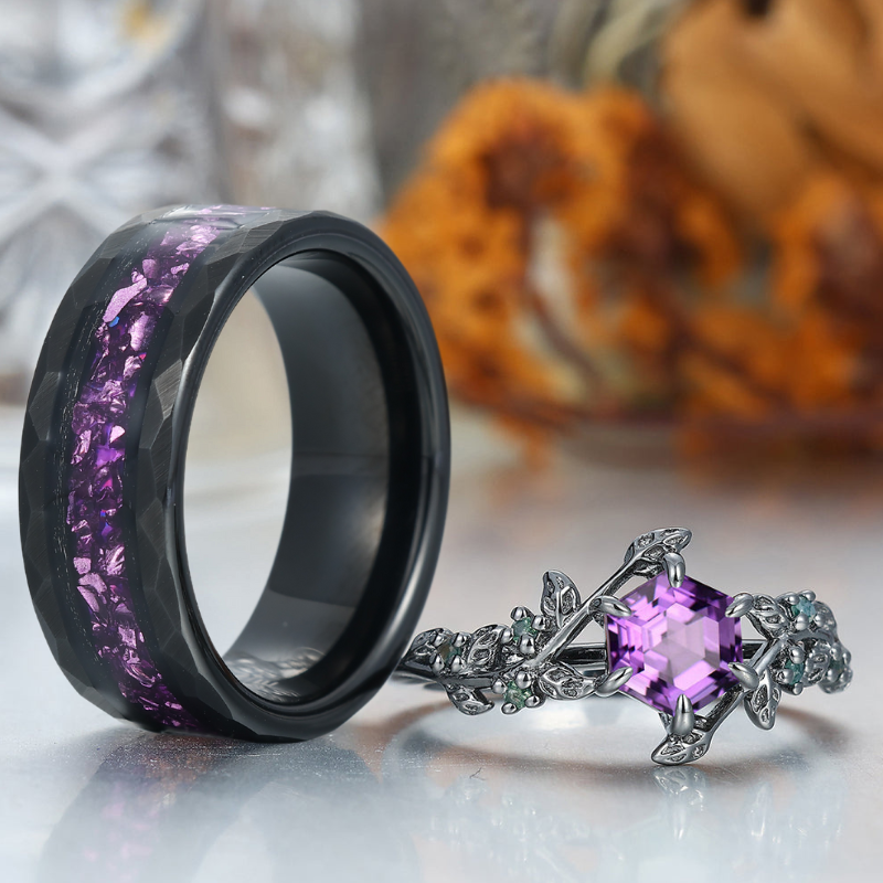 Personalized Natural Amethyst Leaves His And Hers Wedding Bands Matching Purple Tungsten Rings
