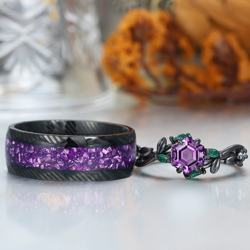 Art Deco Natural Amethyst Promise Rings For Couples Anniversary Marriage Ring