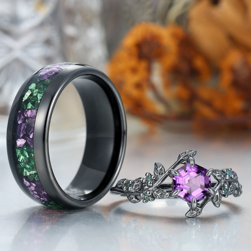 Stylish Natural Engagement Amethyst Twig Couple Rings Matching Tungsten Ring For Men And Women