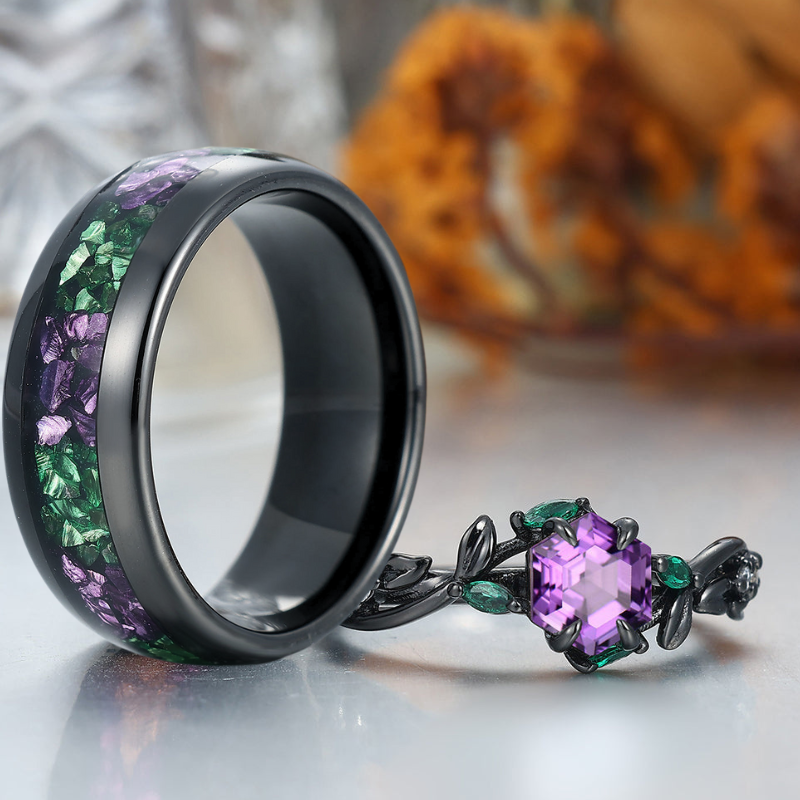 Gorgeous Natural Amethyst Leaf-inspired His And Hers Wedding Bands Purple And Green Couple Rings