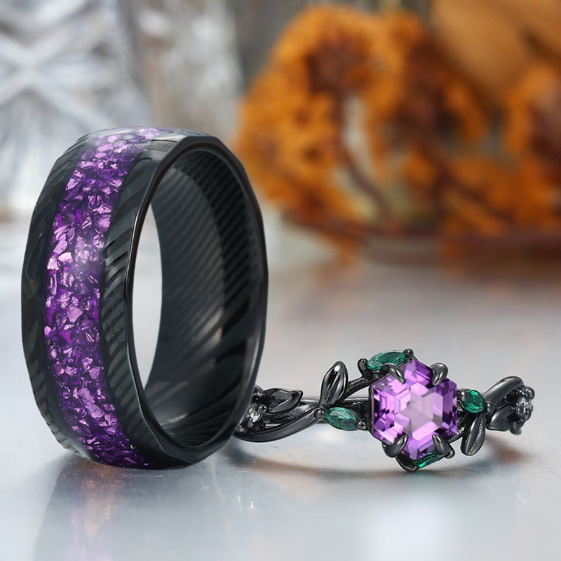 Art Deco Natural Amethyst Promise Rings For Couples Anniversary Marriage Ring