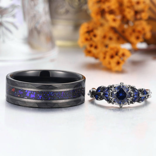 Gorgeous Blue Sapphire Stem Couples Ring Modern Blue Tungsten Couple's Set