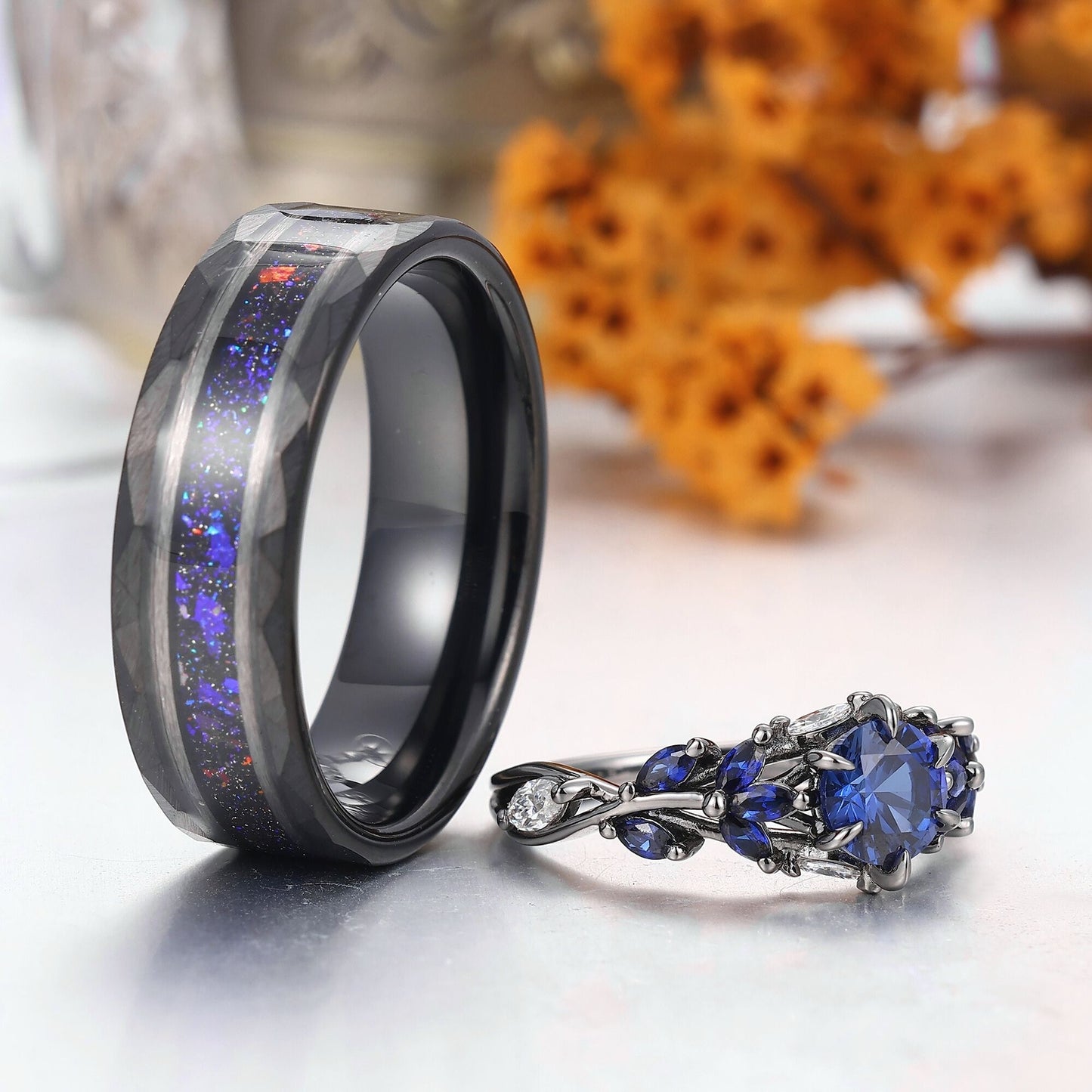 Gorgeous Blue Sapphire Stem Couples Ring Modern Blue Tungsten Couple's Set