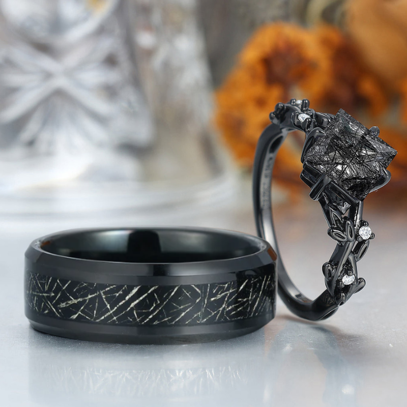Unique Black Rutilated Quartz Sprig Engagement Couple Rings Promise His And Hers Wedding Band