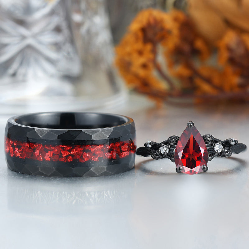 Leaves Design Natural Red Garnet Couple Rings Red Tungsten His And Hers Wedding Ring Set