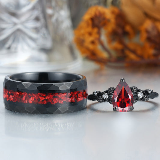 Leaves Design Natural Red Garnet Couple Rings Red Tungsten His And Hers Wedding Ring Set