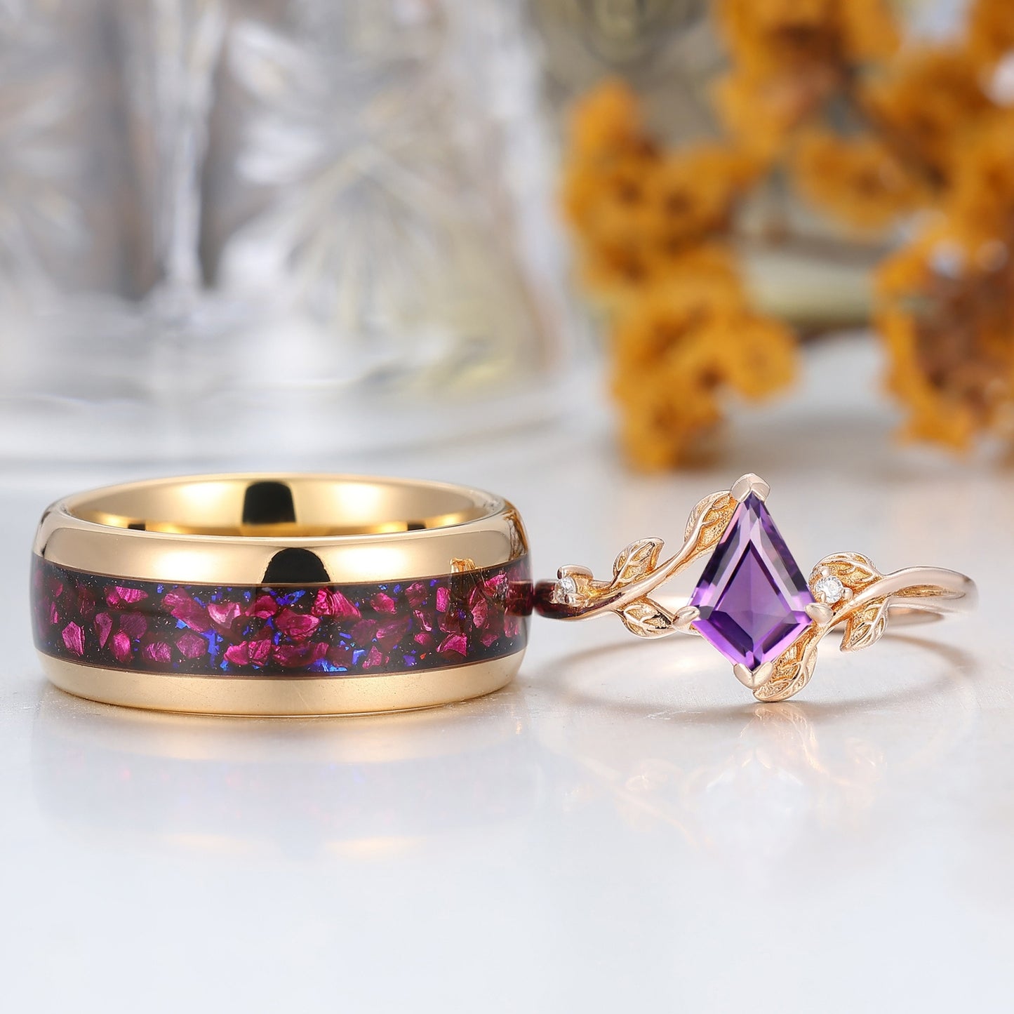 Vintage Kite Cut Amethyst Nature Inspired His And Hers Ring Purple Amethyst Couples Ring
