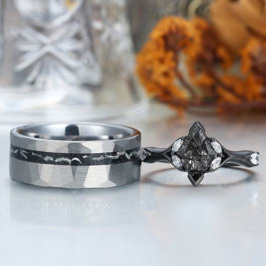 Dainty Black Rutilated Quartz His And Hers Wedding Bands Promise Tungsten Matching Couple Rings