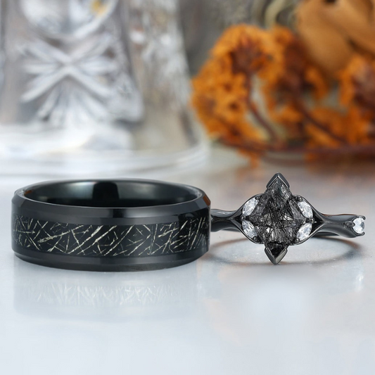 Rhombus Cut Black Rutilated Quartz Couple Rings 925 Sterling Silver And Tungsten Matching Couples' Set