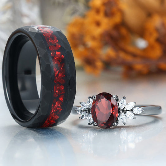 Dainty Red Garnet Petal Accents Couple Rings Matching Tungsten His And Hers Wedding Band