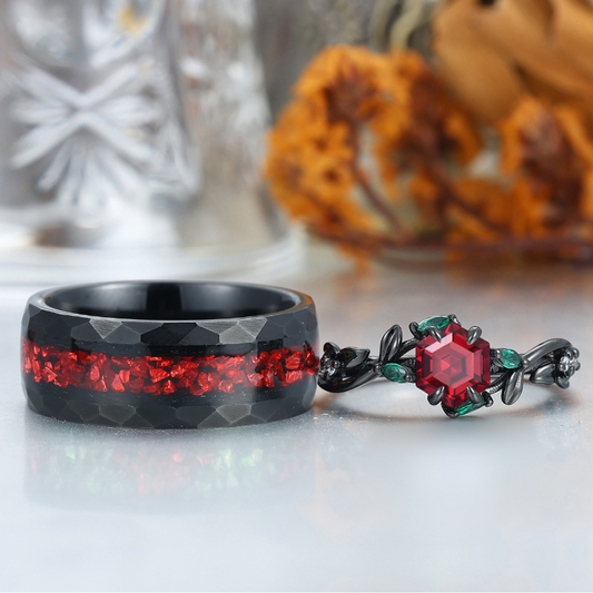 Red Garnet Sprigs Engagement Couple Rings Promise Tungsten Matching Wedding Rings