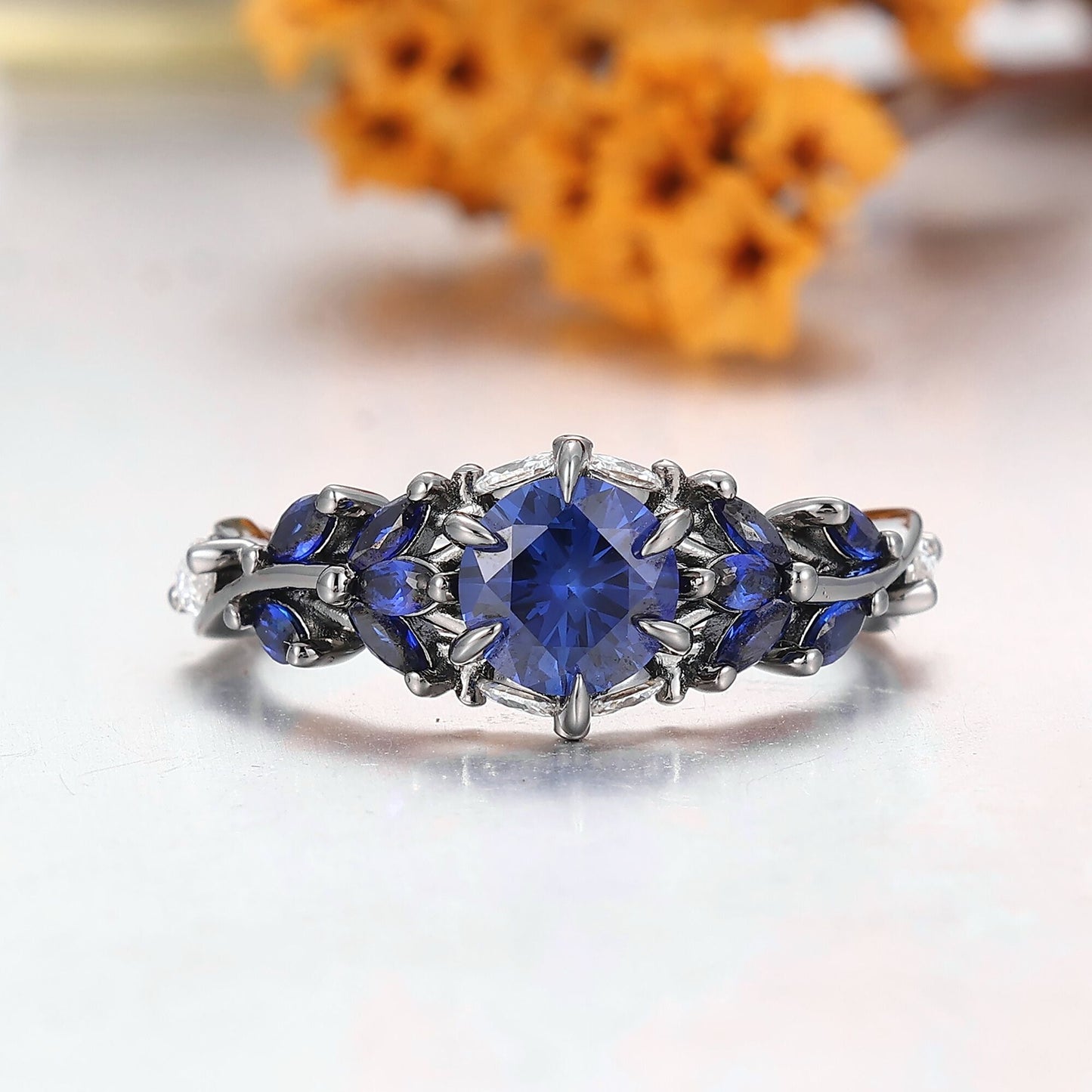 Gorgeous Blue Sapphire Stem Couples Ring Modern Blue Tungsten Couple's Set