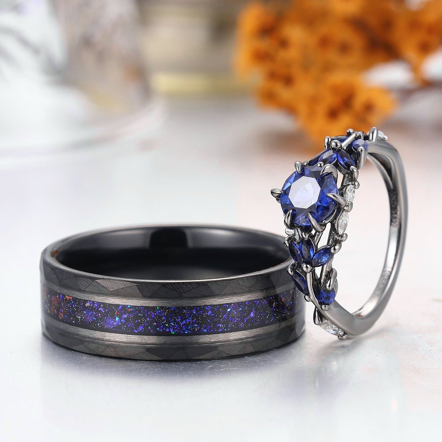 Gorgeous Blue Sapphire Stem Couples Ring Modern Blue Tungsten Couple's Set