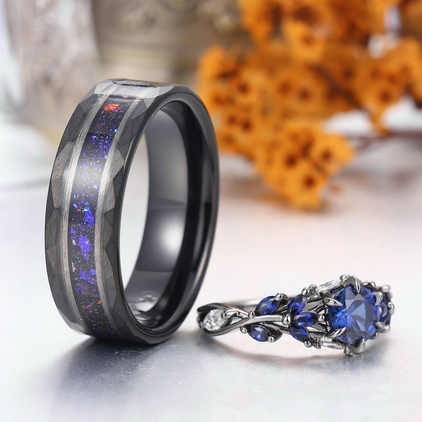Gorgeous Blue Sapphire Stem Couples Ring Modern Blue Tungsten Couple's Set