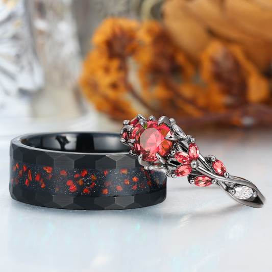 Artsy Natural Red Garnet Cluster Engagement Rings For Couples Personalized Tungsten Matching Rings For Couples