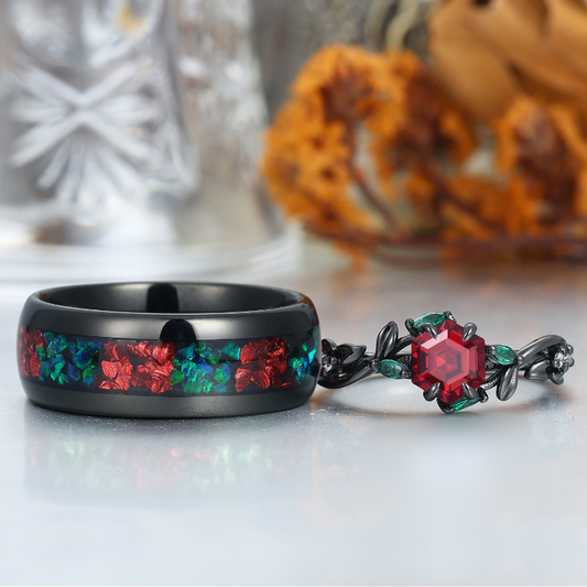 Red Garnet Sprigs Engagement Couple Rings Promise Ruby Tungsten Matching Wedding Rings