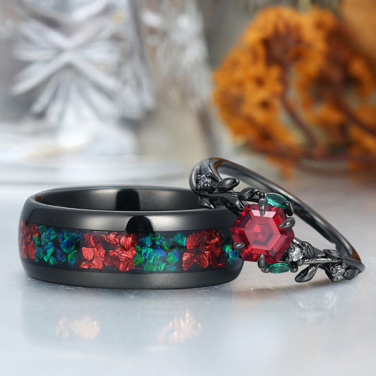 Hexagon Cut Natural Red Garnet Rings For Couples His And Hers Weddding Band Matching Ring