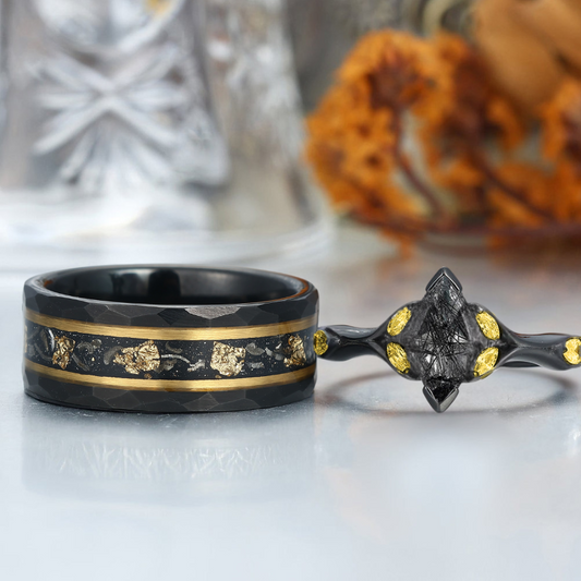 Alternative Black Rutilated Quartz Couple Rings Black And Gold Promise Rings For Couples