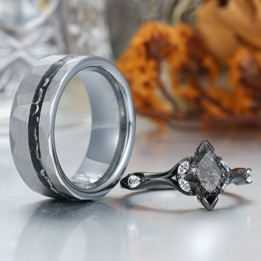 Dainty Black Rutilated Quartz His And Hers Wedding Bands Promise Tungsten Matching Couple Rings