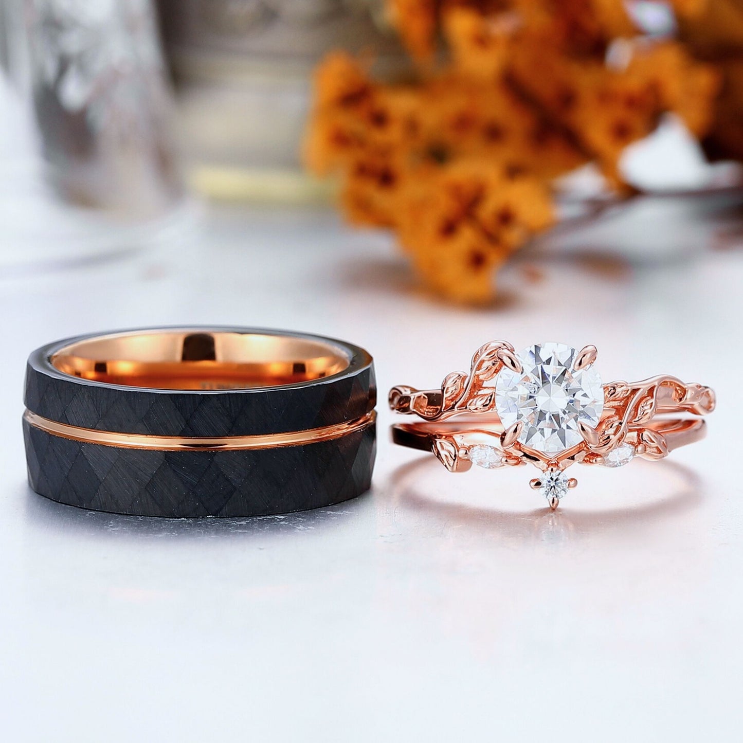 Exquisite Moissanite Branch Leaf Design Couples Ring Set His And Hers Moissanite Rings