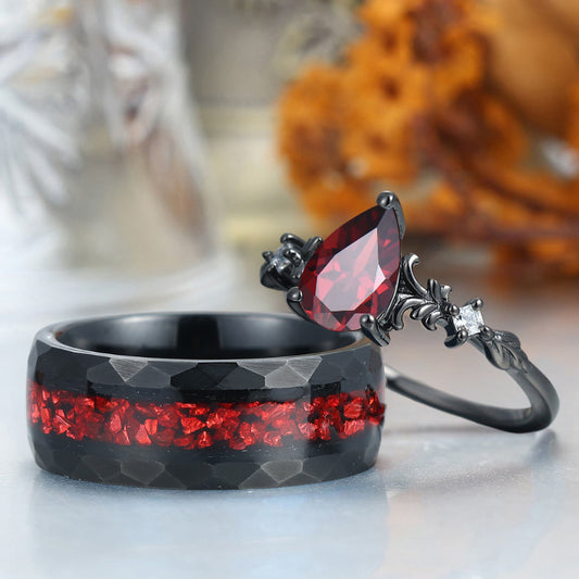 Exquisite Filigreed Natural Red Garnet Couple Rings Modern Red Anniversary His And Hers Matching Band