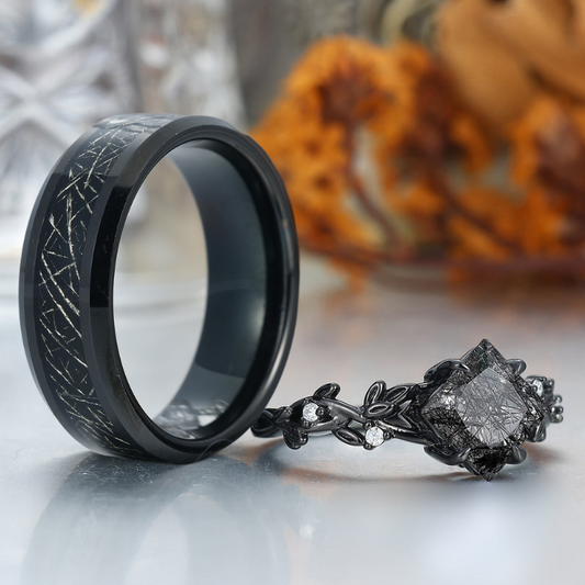 Unique Black Rutilated Quartz Sprig Engagement Couple Rings Promise His And Hers Wedding Band
