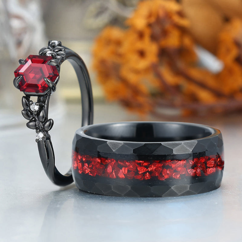 Sprig Natural Red Garnet Couples Ring Set Promise Red His And Hers Matching Ring For Men And Women Ring Set