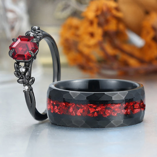 Sprig Natural Red Garnet Couples Ring Set Promise Red His And Hers Matching Ring For Men And Women Ring Set