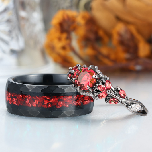 Artsy Natural Red Garnet Cluster Engagement Rings For Couples Personalized Tungsten Rings For Couples