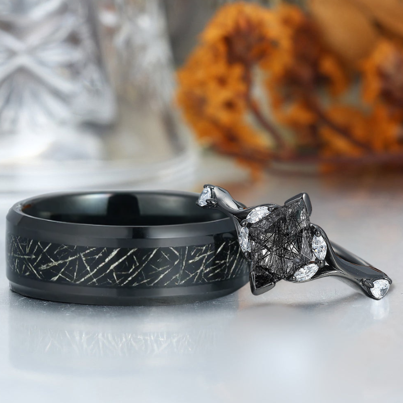Rhombus Cut Black Rutilated Quartz Couple Rings 925 Sterling Silver And Tungsten Matching Couples' Set