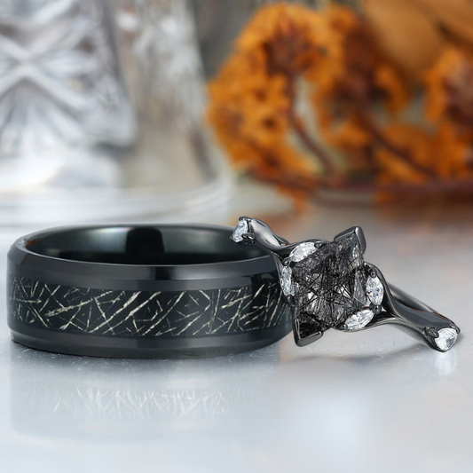 Rhombus Cut Black Rutilated Quartz Couple Rings 925 Sterling Silver And Tungsten Matching Couples' Set