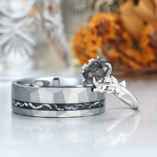 Dainty Black Rutilated Quartz Leaf Couples Ring Meteorite Tungsten Matching Ring