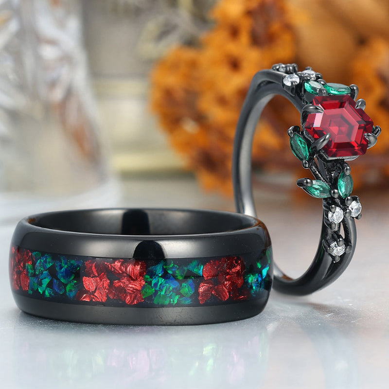 Stylish Red Garnet His and Hers Ring Leaf Design Couples Ring Two-tone Matching rings