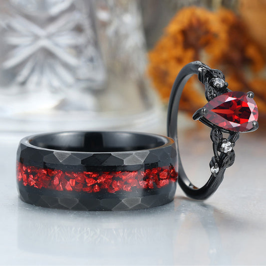 Leaves Design Natural Red Garnet Couple Rings Red Tungsten His And Hers Wedding Ring Set