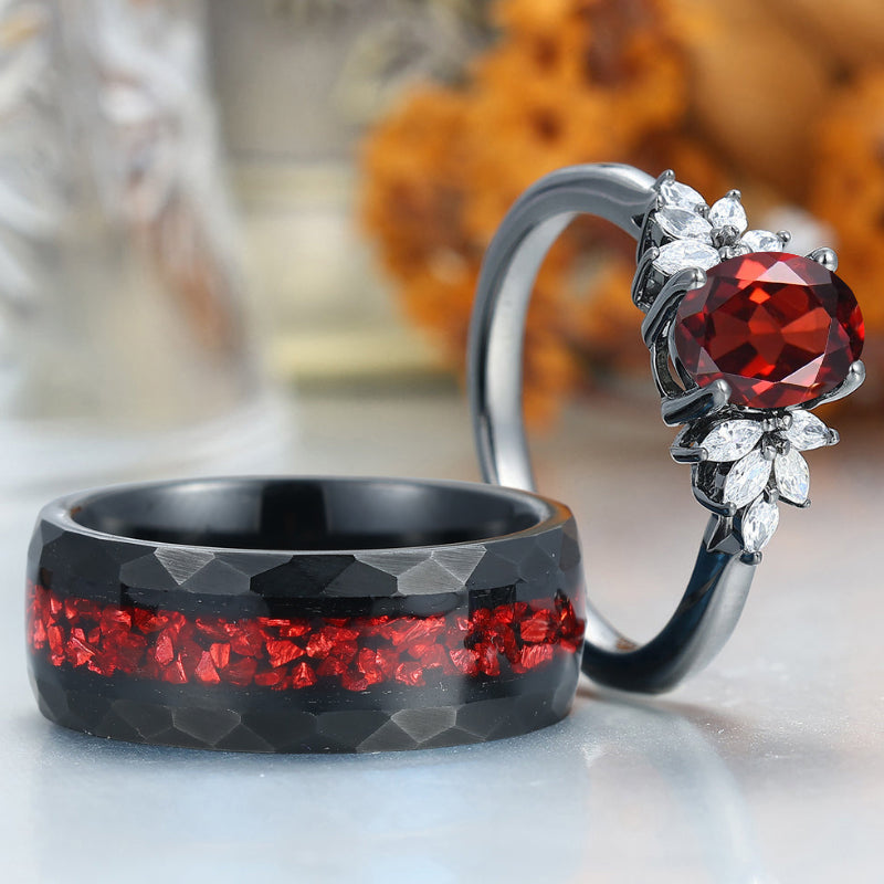 Dainty Red Garnet Petal Accents Couple Rings Matching Tungsten His And Hers Wedding Band