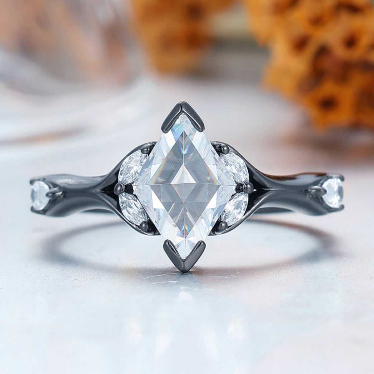 Art Deco Moissanite Sprig Engagement Ring Set in 925 Sterling Silver or 14K Gold