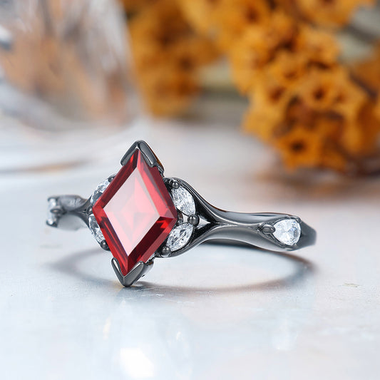 Art Deco Nature Red Garnet Sprig Engagement Ring Set in 925 Sterling Silver or 14K Gold
