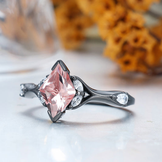 Art Deco Rhombus Cut Pink Morganite Engagement Ring Bridal Ring Women Birthday Ring