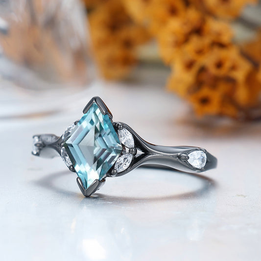 Unique Rhombus Cut Aquamarine Engagement Ring Curved Band Bridal Ring Solid Gold Women Ring