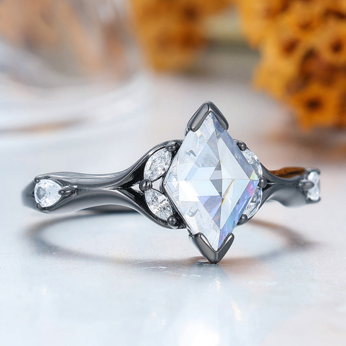 Art Deco Moissanite Sprig Engagement Ring Set in 925 Sterling Silver or 14K Gold
