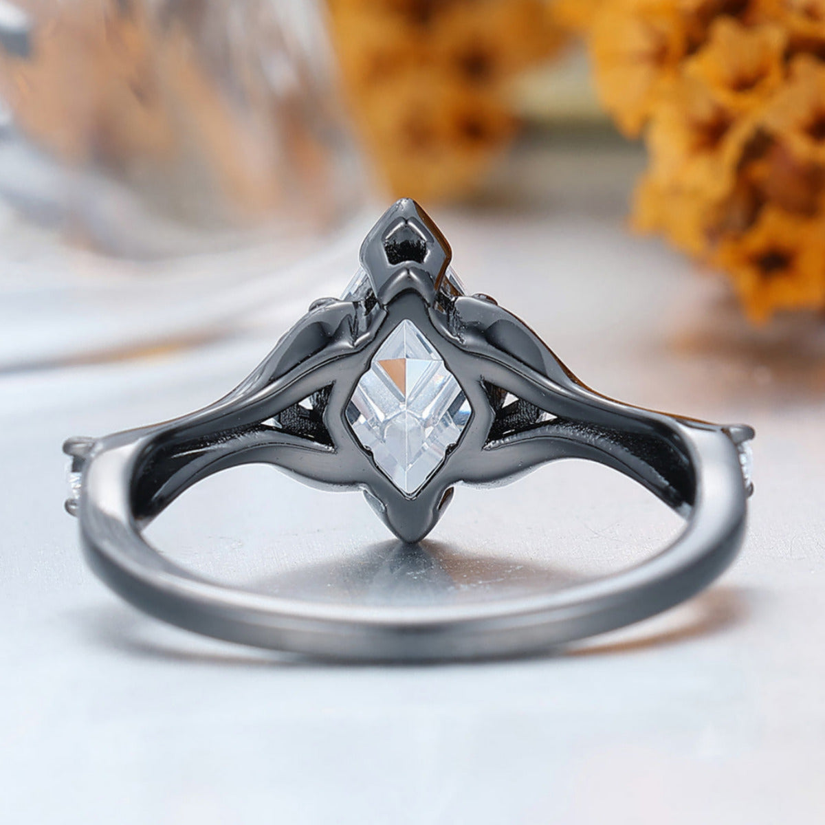 Art Deco Moissanite Sprig Engagement Ring Set in 925 Sterling Silver or 14K Gold