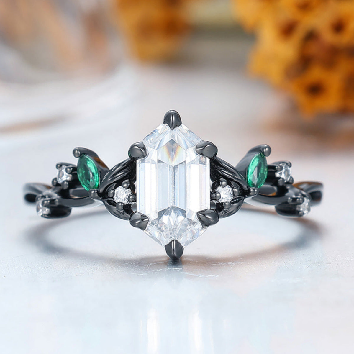 Unique 1.1 CT Long Hexagon Cut Moissanite Art Deco Leaf Gold & 925 Sliver Engagement Ring