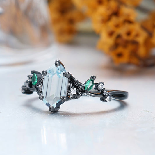 Art Deco Long Hexagon Cut Aquamarine Engagement Ring Leaf Twig Women Fine Ring