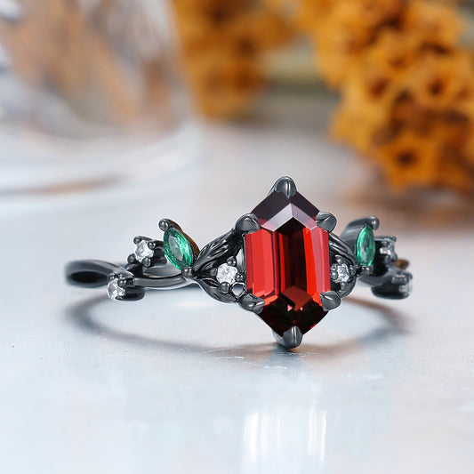 Unique 1.1 CT Long Hexagon Cut Red Garnet Art Deco Leaf Gold & 925 Sliver Engagement Ring